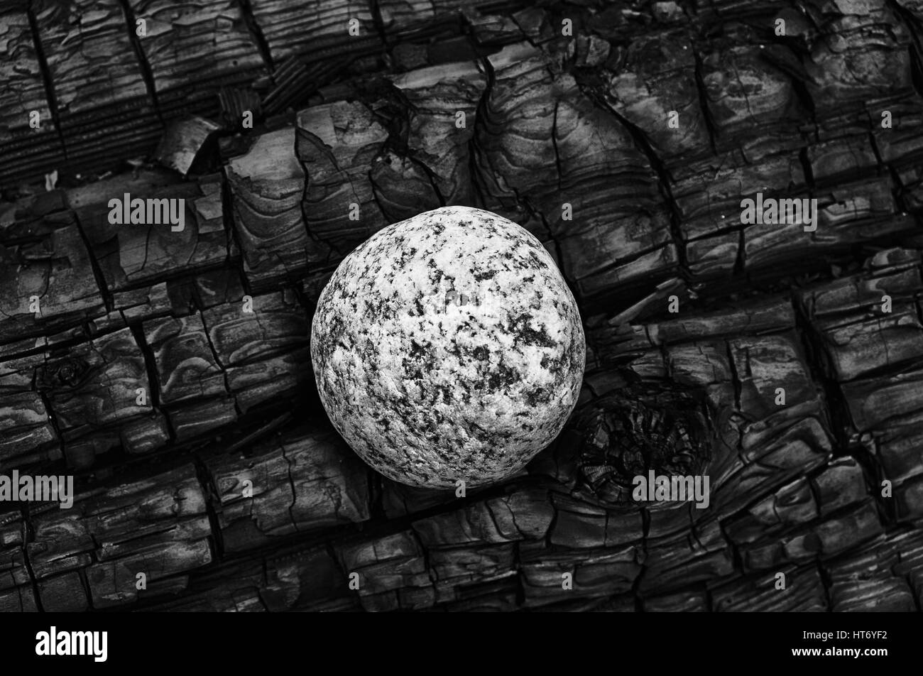 Une pierre de granit moucheté blanc contraste contre les brûlures d'un motif noir carbonisé journal par le feu. Banque D'Images