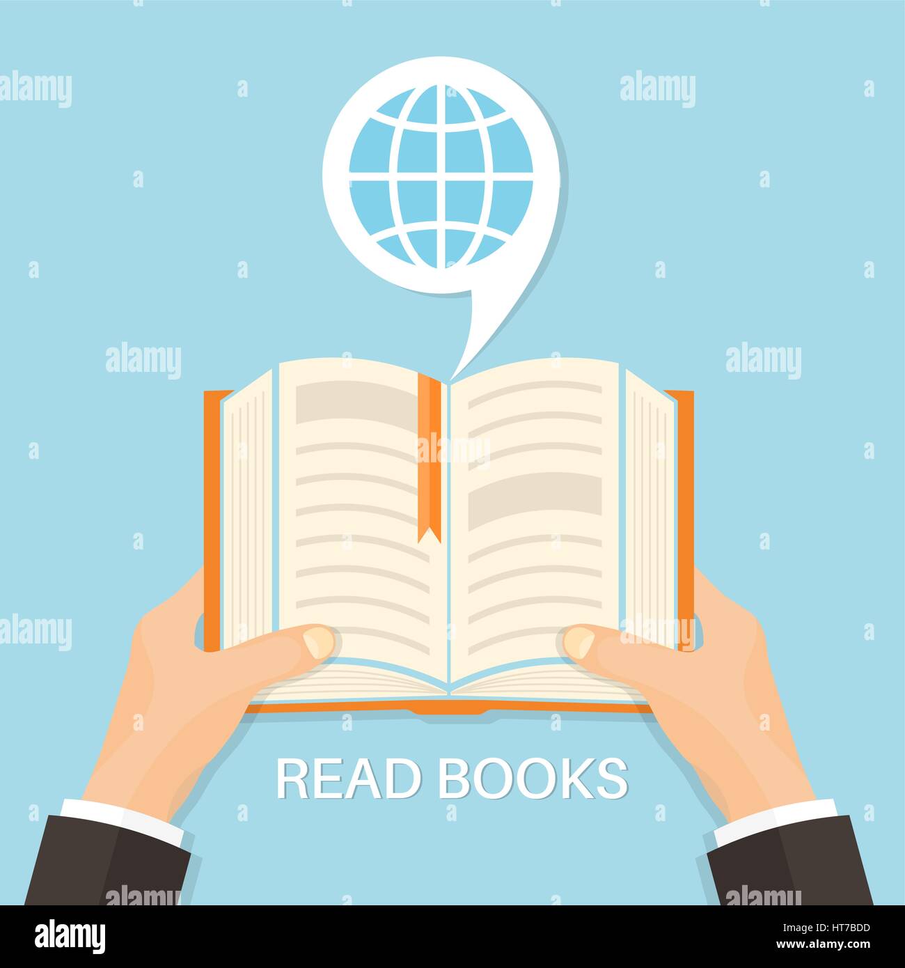 Livre ouvert avec un signet, les mains et le monde entier. Symbole de l'éducation et de la science. Modèle plat. Concept de l'éducation et de l'amour aux livres. Élément du vecteur o Illustration de Vecteur