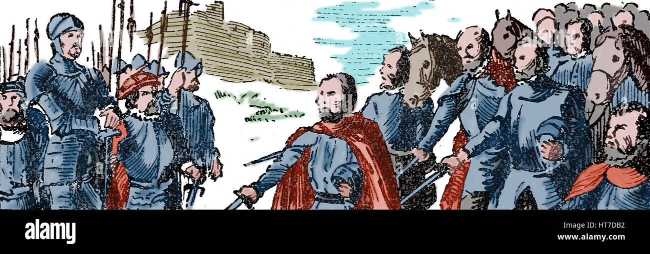 Règne o fAlfons V d'Aragon (1396-1458). Conquête de Gaeta, Italie, 1423. La gravure, la couleur. Banque D'Images