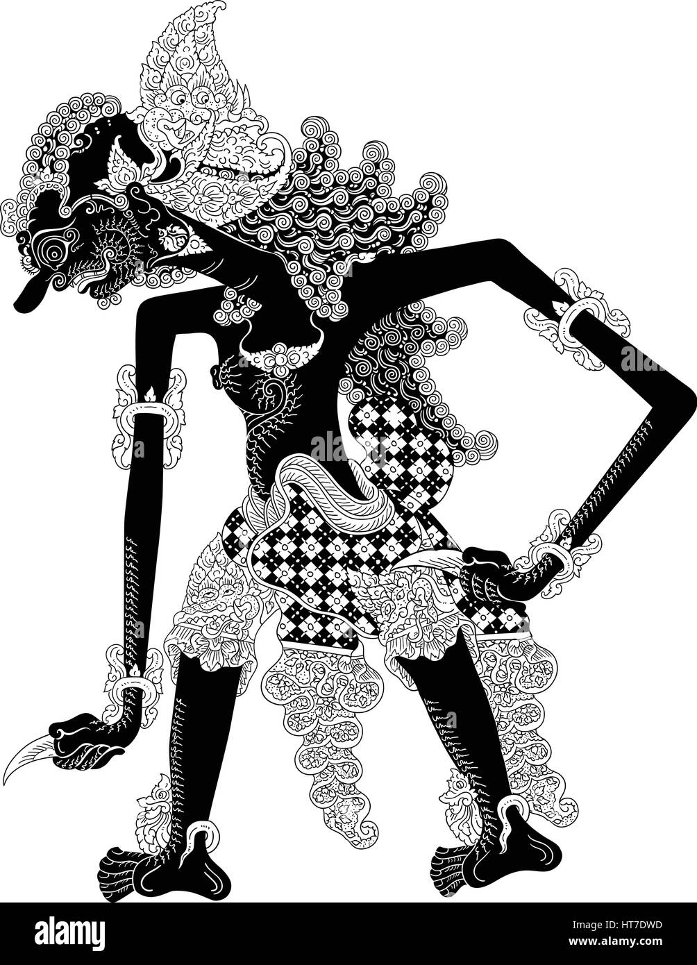 Ablilawa, un personnage de spectacle de marionnettes traditionnelles, wayang kulit de Java en Indonésie. Illustration de Vecteur