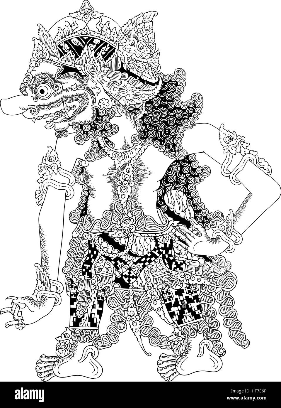 Arimba, un personnage de spectacle de marionnettes traditionnelles, wayang kulit de Java en Indonésie. Illustration de Vecteur