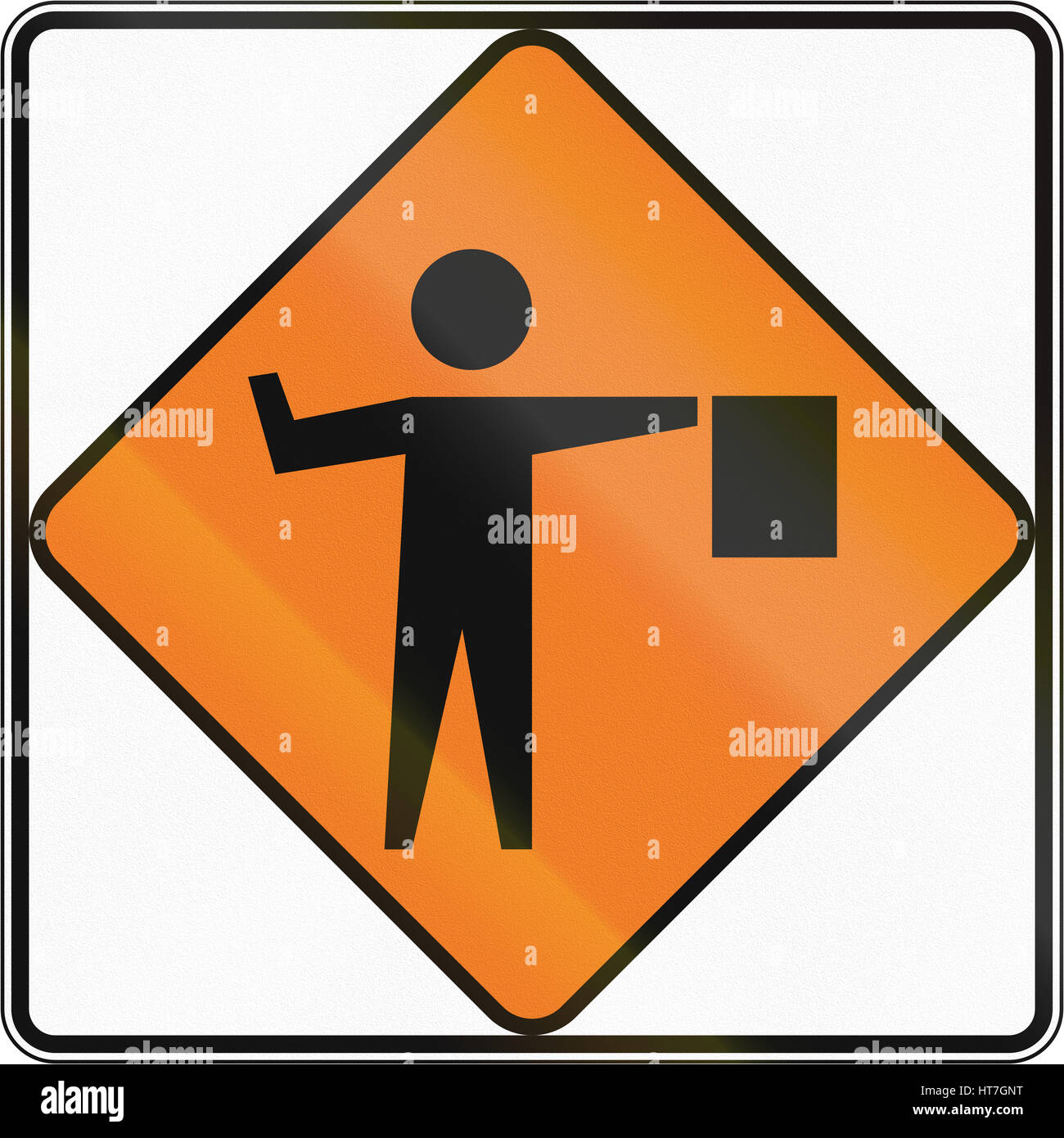 New Zealand road sign - Flagman à venir. Banque D'Images