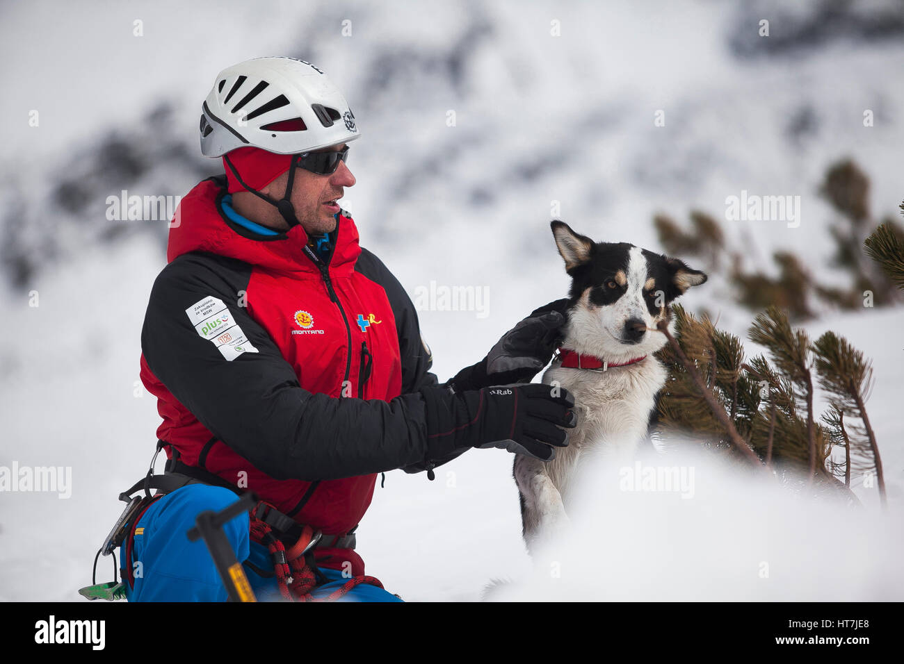 Une équipe de sauvetage en montagne avec chien d'Avalanche Banque D'Images