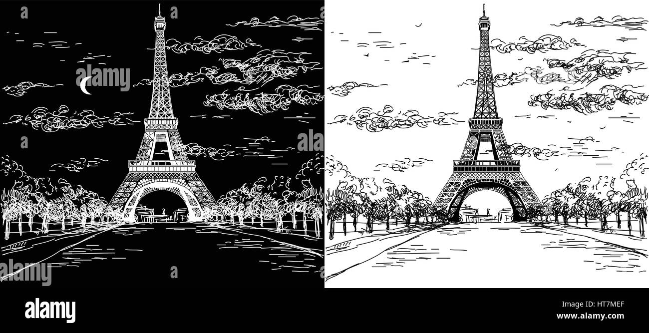 Paysage de nuit et de jour avec la tour Eiffel en noir et blanc dessin illustration Illustration de Vecteur