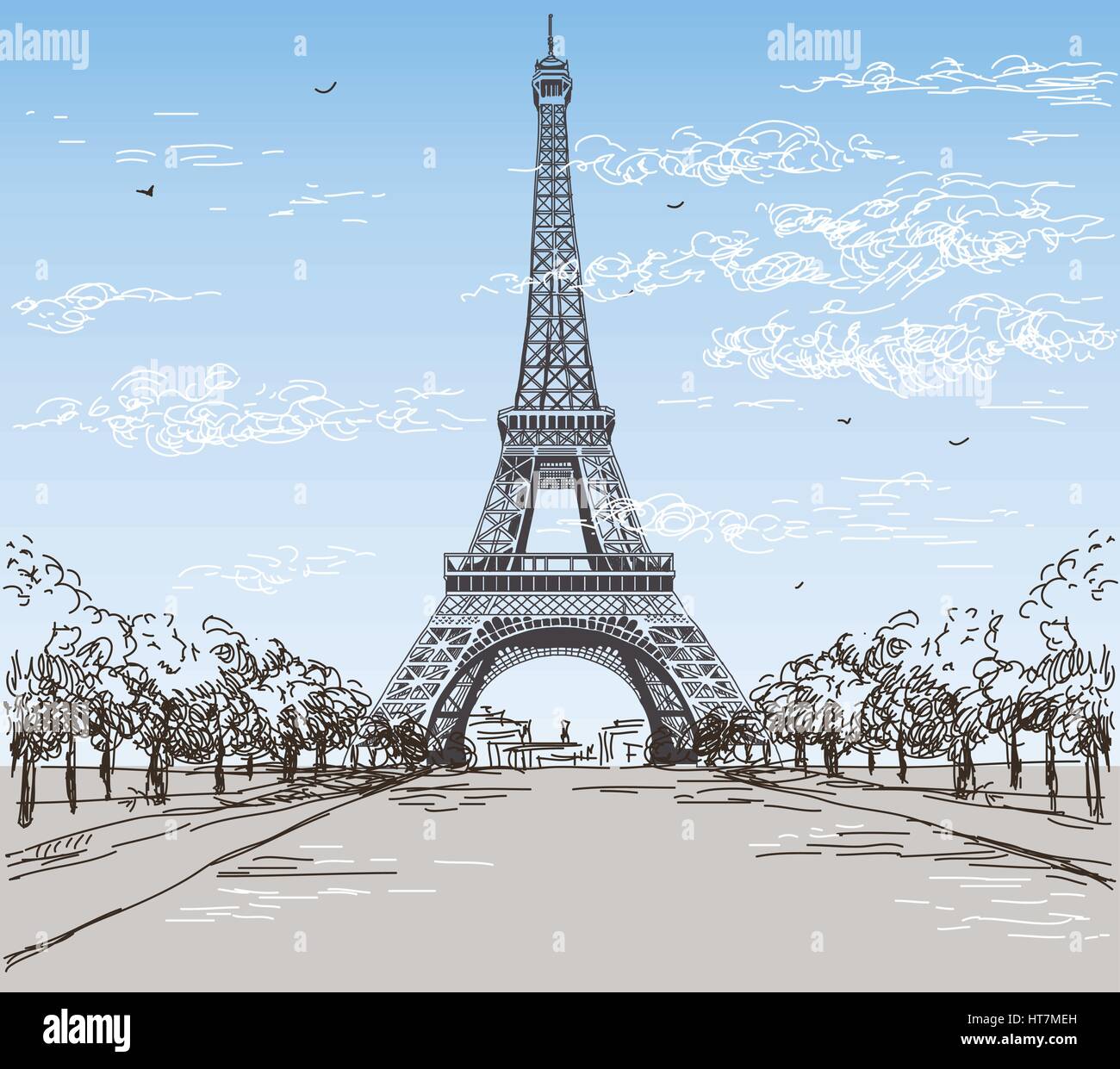 Paysage avec la tour Eiffel en noir et blanc sur fond gris vector dessin illustration Illustration de Vecteur