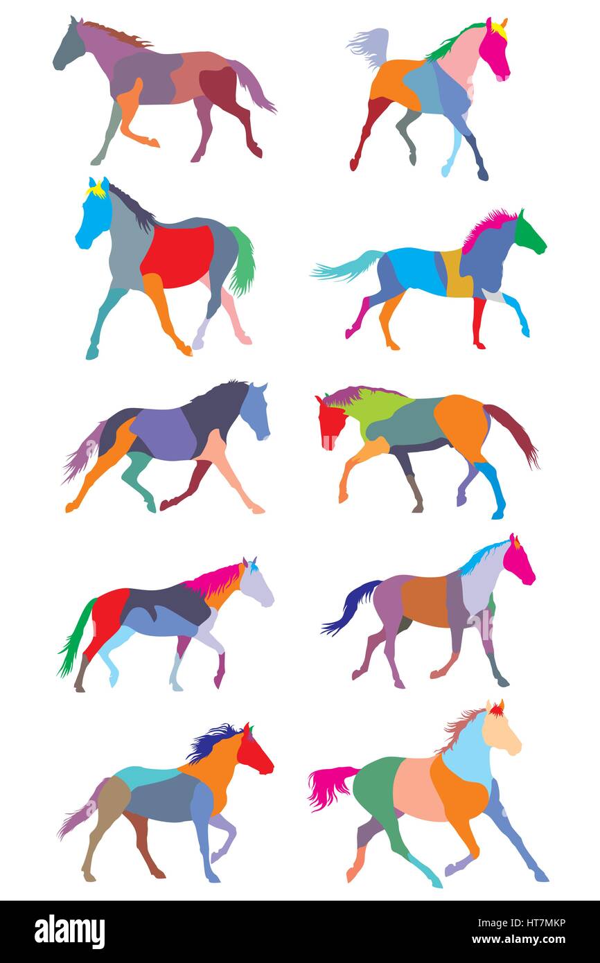 Illustration avec des silhouettes de chevaux trotteurs collection isolé sur fond blanc Illustration de Vecteur