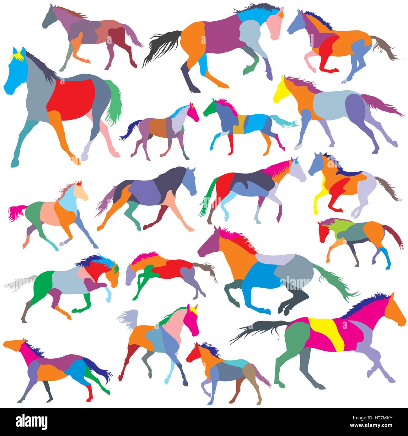 Grand ensemble de patchwork coloré vecteur au trot et au galop des chevaux silhouettes Illustration de Vecteur