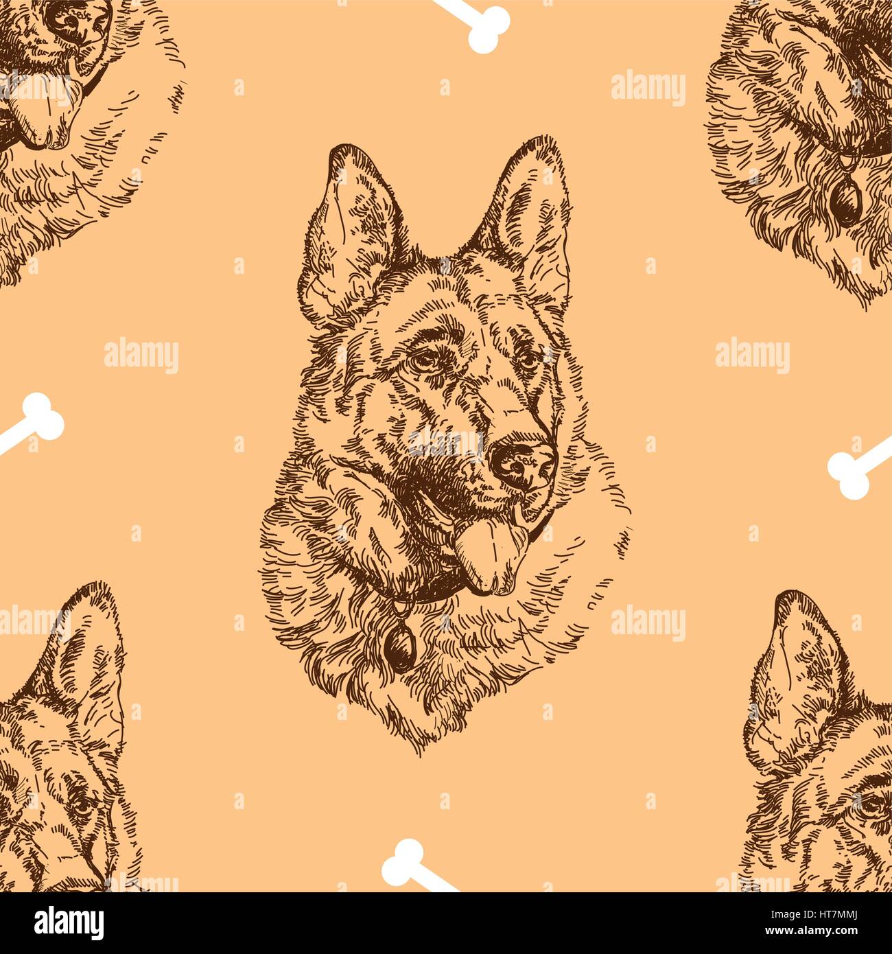Dessin à la main motif berger allemand avec os blancs sur fond beige Illustration de Vecteur