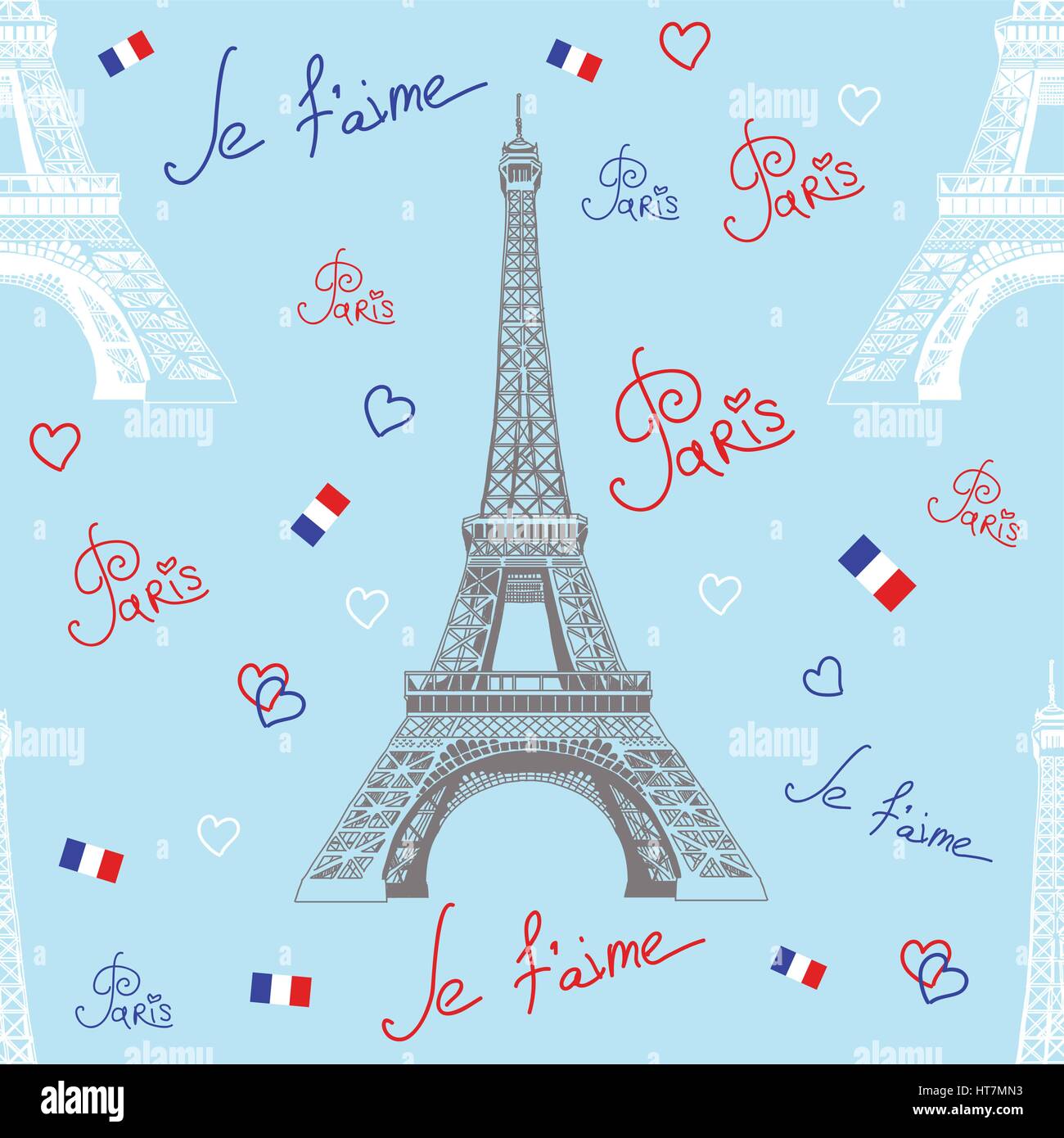 Modèle vectoriel continu avec dessin blanc et gris, Tour Eiffel, inscriptions sur fond bleu Illustration de Vecteur