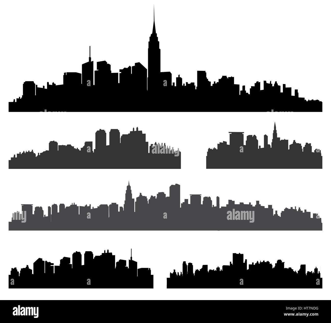 Silhouette ville vector set. panorama ville frontière urbaine skyline. fond collection. Illustration de Vecteur