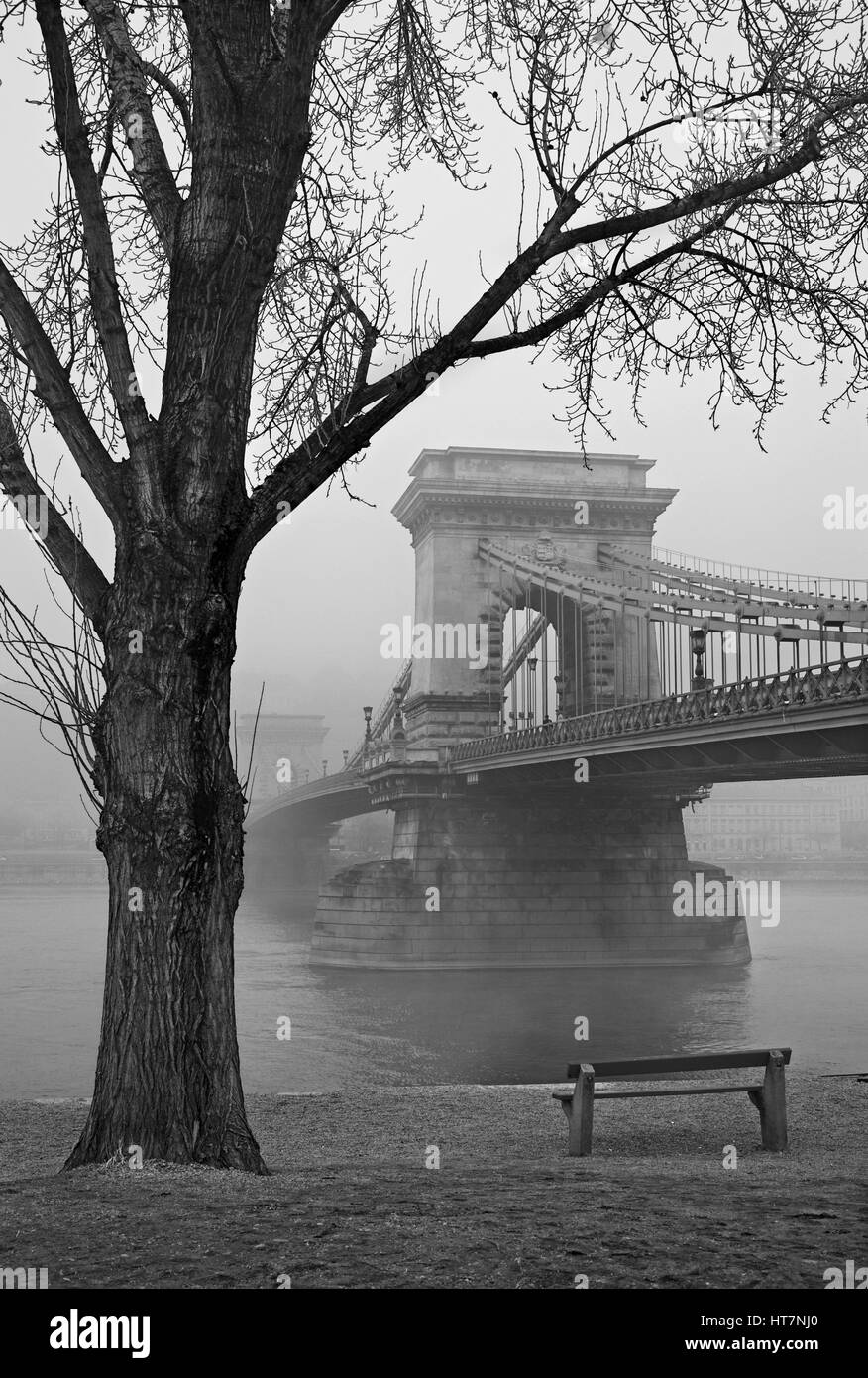 Le Danube et le pont à chaînes Széchenyi à demi caché dans le brouillard. Budapest, Hongrie. Photo prise du côté de Pest. Banque D'Images