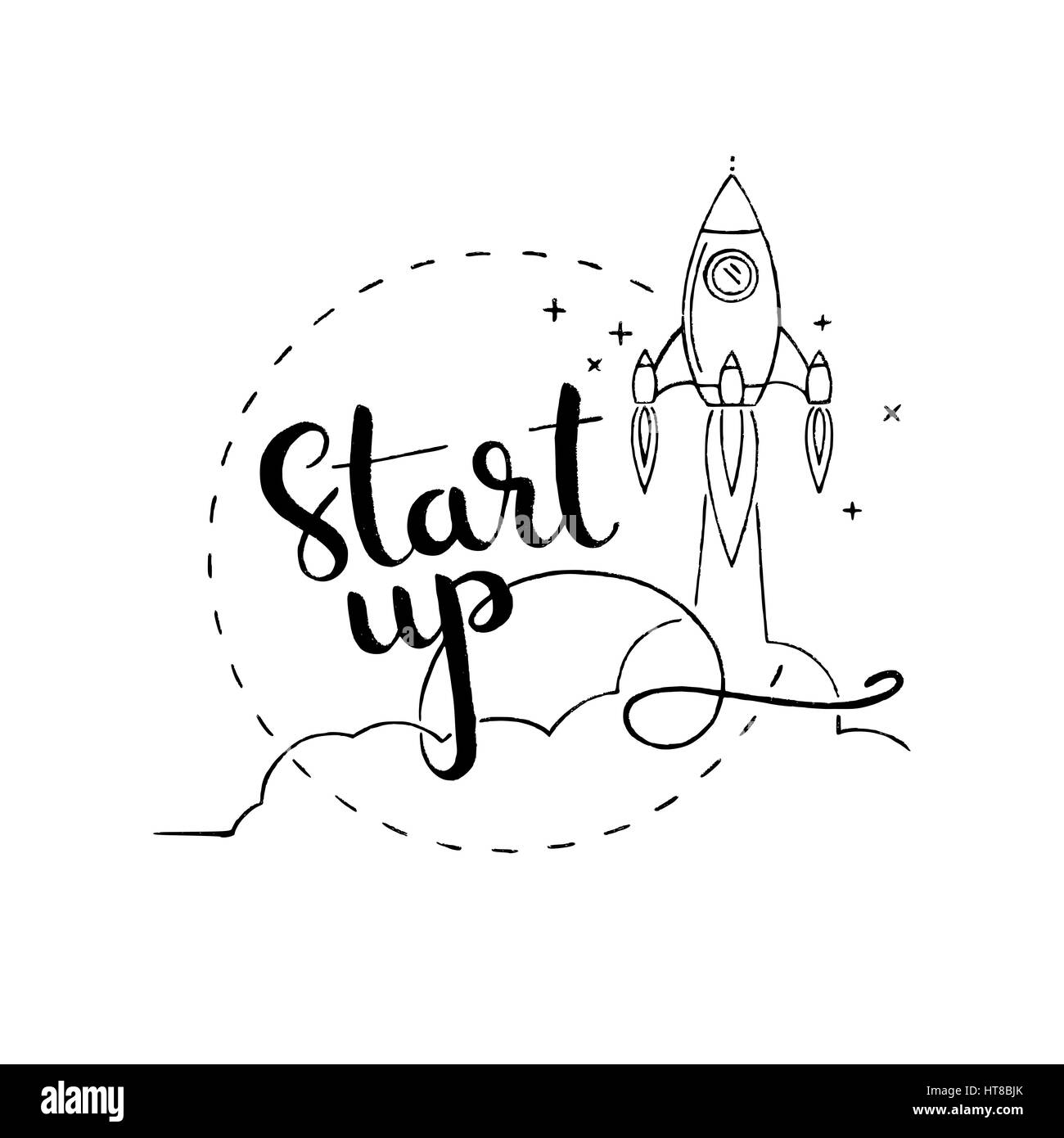 Démarrer le lettrage à la main. Nouveau projet d'entreprise le démarrage du développement. Vector hand drawn moderne avec calligraphie vaisseau spatial ou rocket Illustration de Vecteur