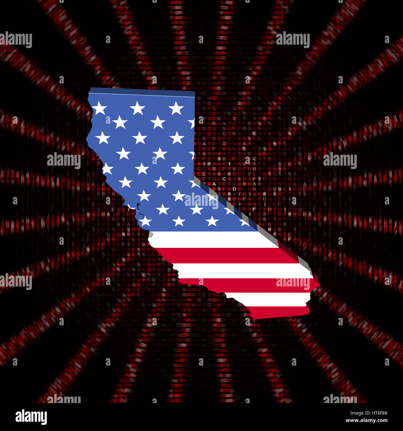 Californie carte drapeau rouge sur le code hexadécimal illustration burst Banque D'Images