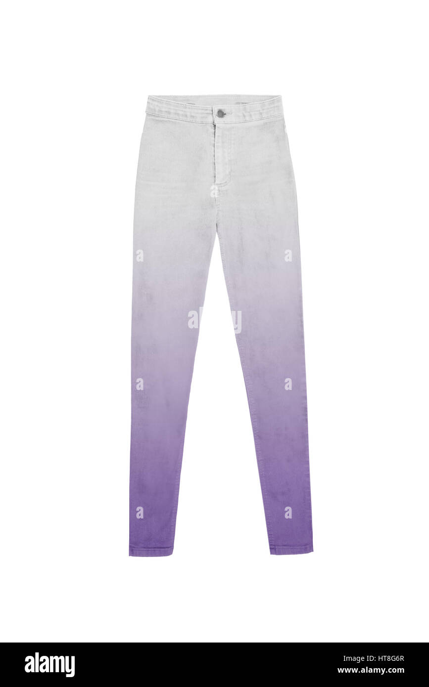 Gris blanc taille haute Pantalon de jeans dégradé violet, isolé sur fond blanc Banque D'Images