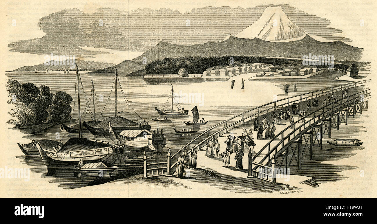 Gravure 1854 anciens, 'View de Jeddo, la capitale du Japon.' Jeddo et Yedo ou Yeddo sont anglicisations se référant à la ville et le port d'Edo, le Japon et la grande baie, et généralement à l'arrêt du shogunat japonais pendant les années 1850 et 1860, qui était fondée à Edo. Après 1868, Edo a été rebaptisée Tokyo. SOURCE : gravure originale. Banque D'Images