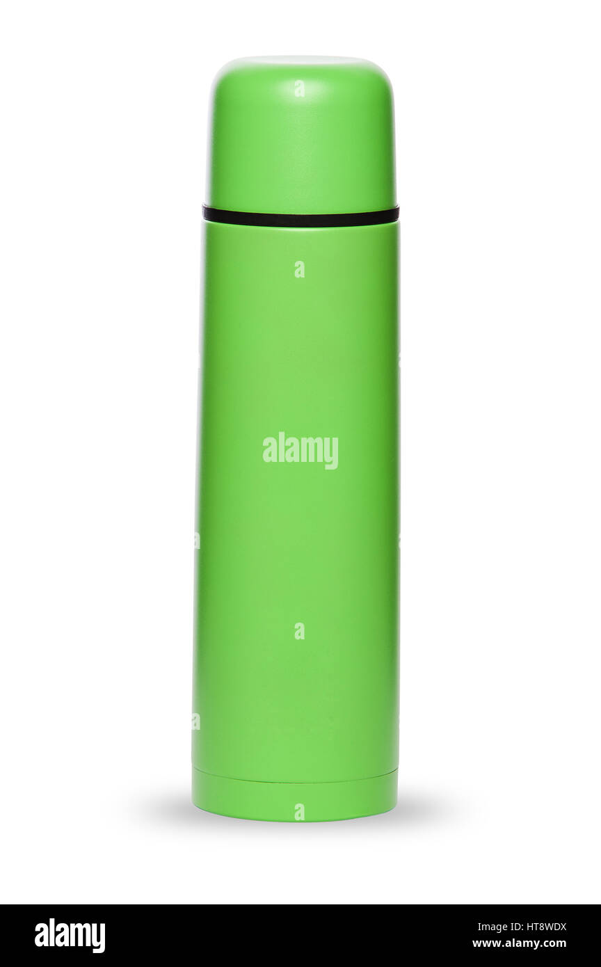 Thermos vert à une vie active, isolé sur fond blanc Banque D'Images