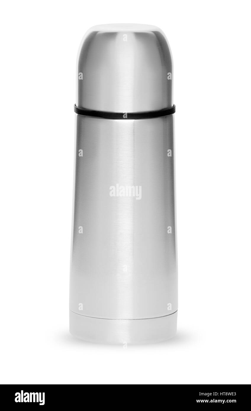 Thermos en métal à la vie active, isolé sur fond blanc Banque D'Images