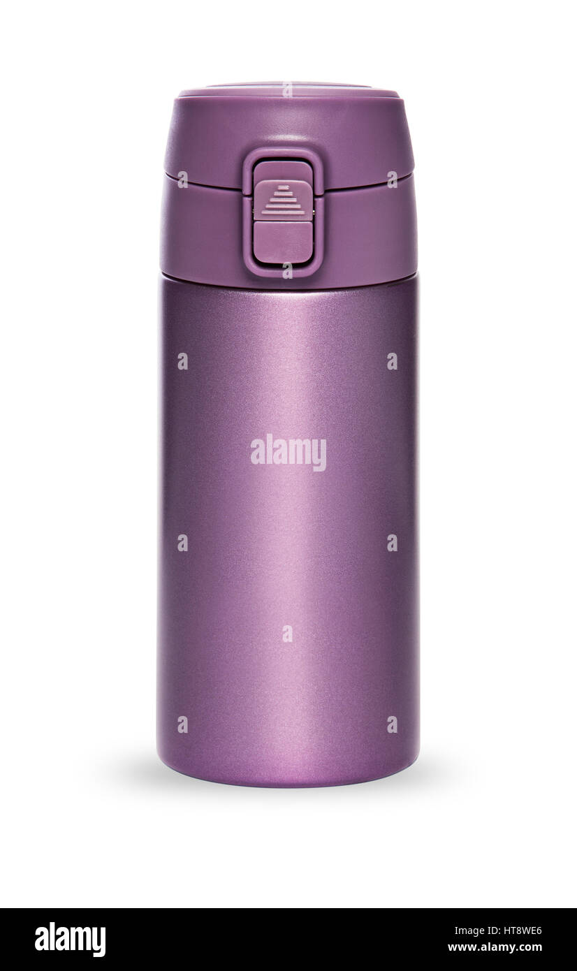 Purple bouteille isolante avec couvercle plastique et pratique de la tuyère d'une vie active, isolé sur fond blanc Banque D'Images