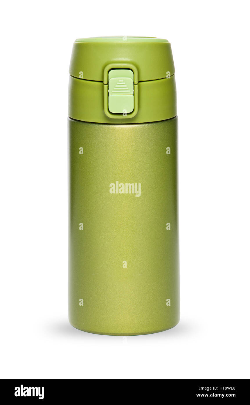 Thermos vert avec couvercle plastique et pratique de la tuyère d'une vie active, isolé sur fond blanc Banque D'Images