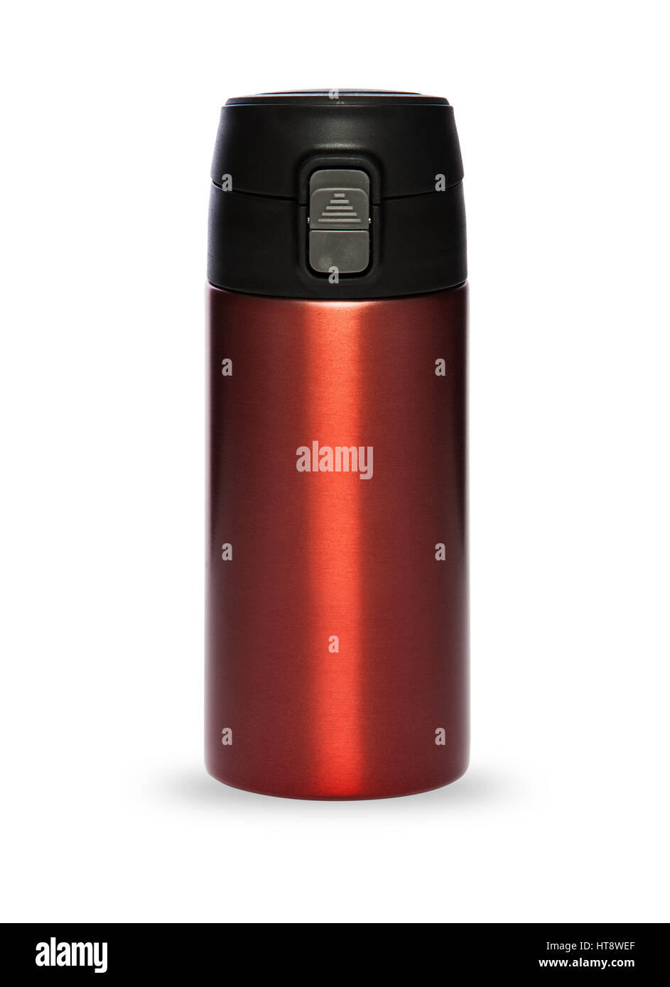 Thermos rouge avec couvercle plastique et pratique de la tuyère d'une vie active, isolé sur fond blanc Banque D'Images