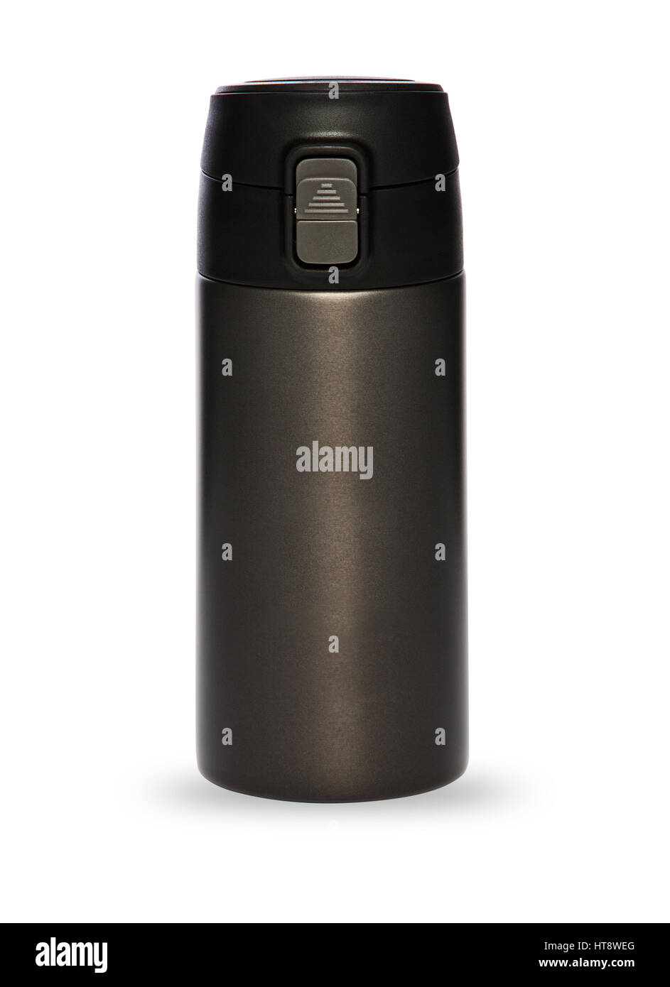 Thermos noir avec couvercle plastique et pratique de la tuyère d'une vie active, isolé sur fond blanc Banque D'Images