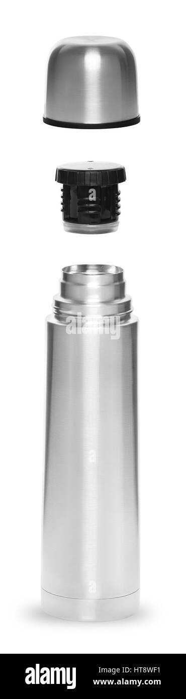 Thermos en métal pour une vie active dans la structure pliante état des trois objets, isolé sur fond blanc Banque D'Images