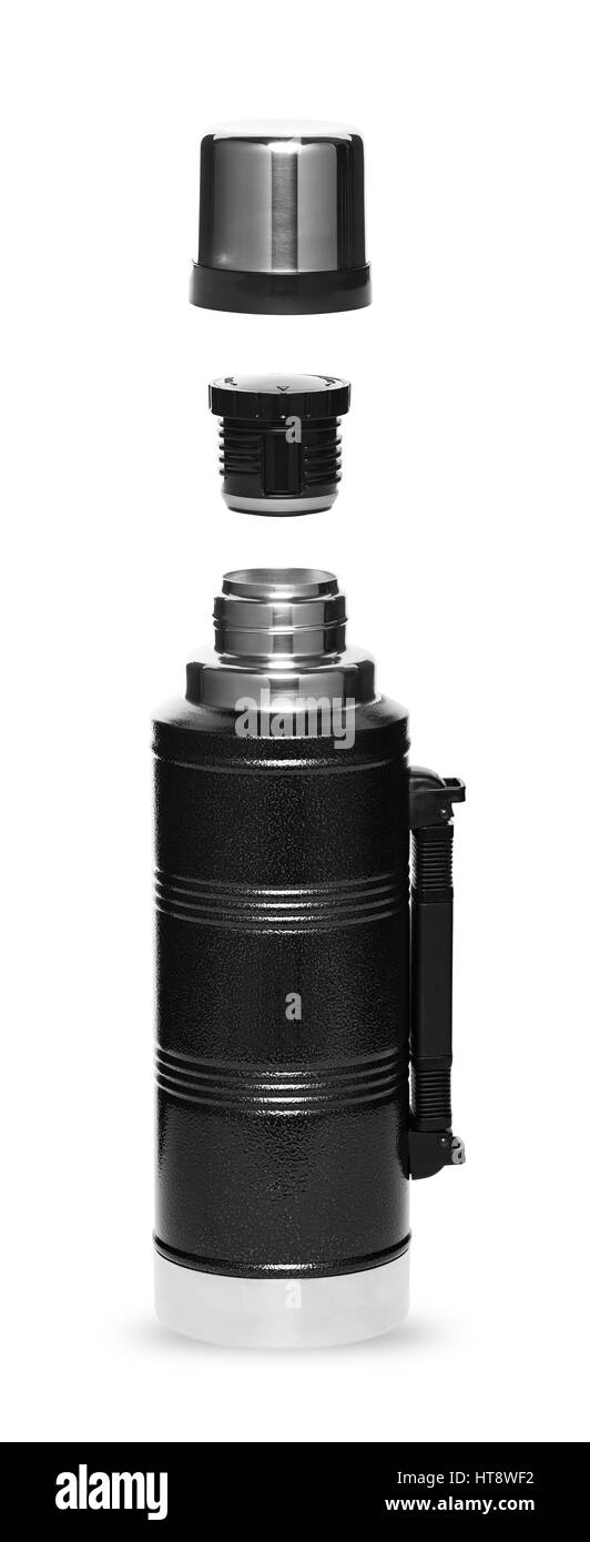 Thermos en métal noir avec poignée pour une vie active dans la structure pliante état des trois objets, isolé sur fond blanc Banque D'Images