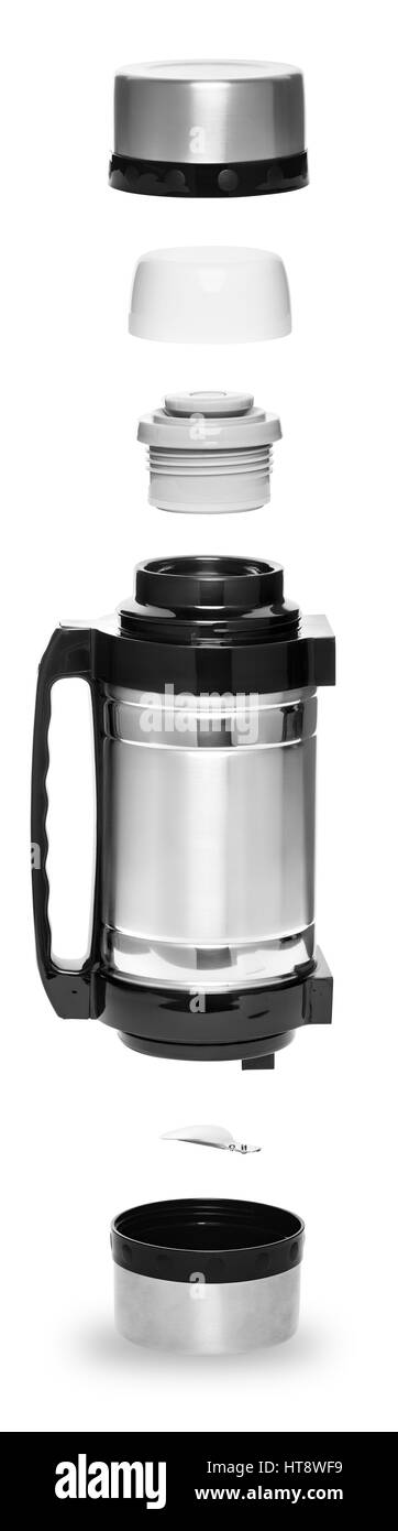 Thermos en métal avec poignée pour une vie active dans la structure pliante état des six objets, isolé sur fond blanc Banque D'Images