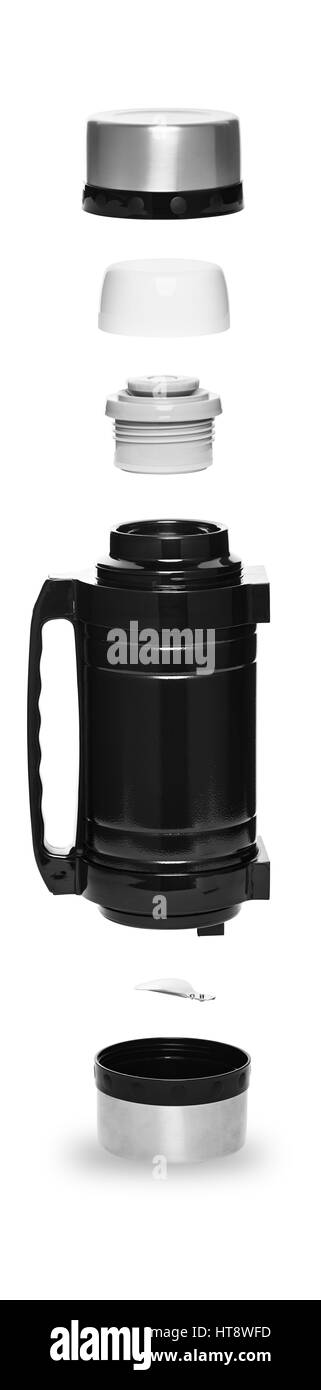 Thermos en métal avec poignée pour une vie active dans la structure pliante état des six objets, isolé sur fond blanc Banque D'Images