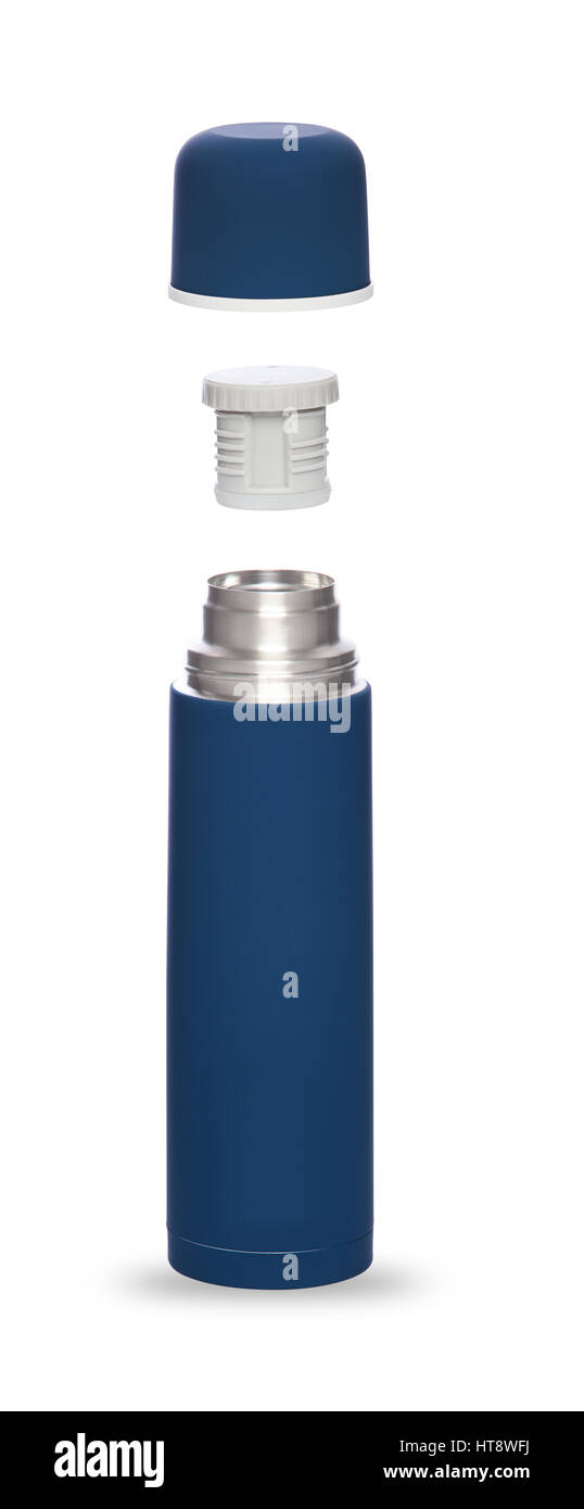 Thermos en métal bleu pour une vie active plié trois objets, isolé sur fond blanc Banque D'Images