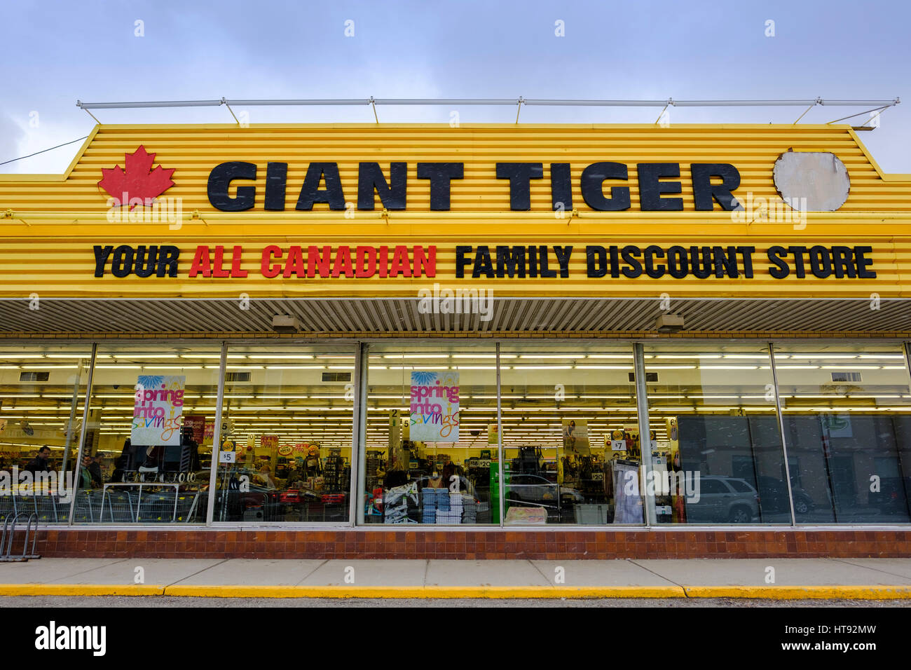 Averses de l'automne sur la façade de la magasin Tigre Géant, une chaîne de magasins de détail au Canada, à St Thomas, Ontario, montrant le nom du magasin et de promotion s Banque D'Images