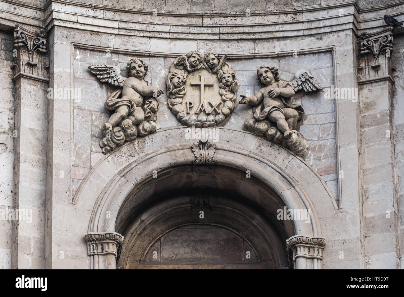 Détails de style baroque Chiesa di San Placido Monaco e Martire (Église de Saint Placide) dans Catania City sur le côté est de l'île de Sicile, Italie Banque D'Images