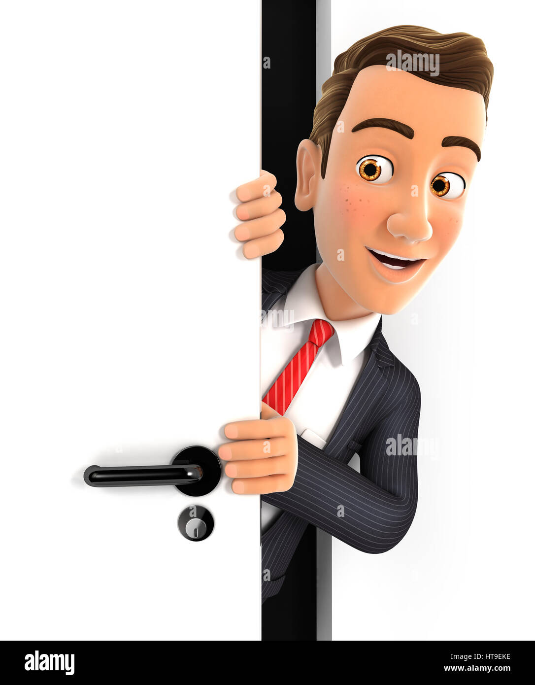 Businessman peeking 3d derrière une porte, illustration avec fond blanc isolé Banque D'Images