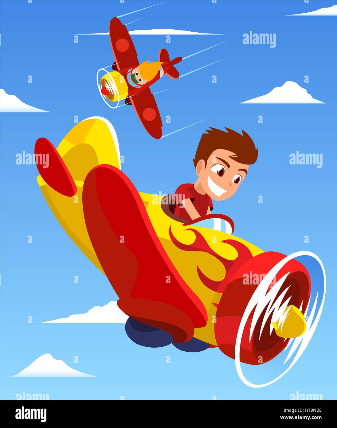 Les jeunes pilotes de course avion vector illustration, avec deux enfants à l'essai chacun un avion. Banque D'Images