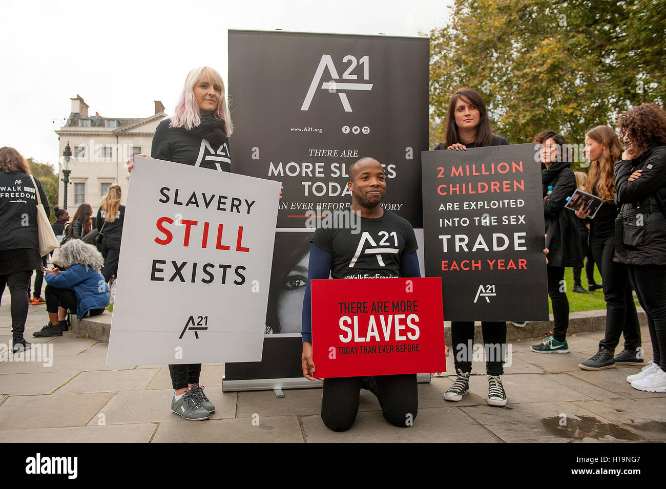 La campagne A21 meeting de protestation dans le centre de Londres, un événement de sensibilisation et programmes de financement, pour la lutte contre la traite et l'esclavage. Banque D'Images