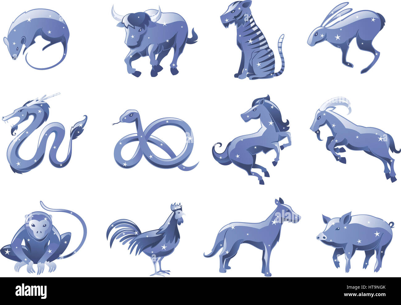 Zodiaque chinois étoiles symboles animaux Banque D'Images