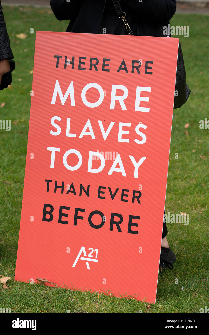 La campagne A21 meeting de protestation dans le centre de Londres, un événement de sensibilisation et programmes de financement, pour la lutte contre la traite et l'esclavage. Banque D'Images