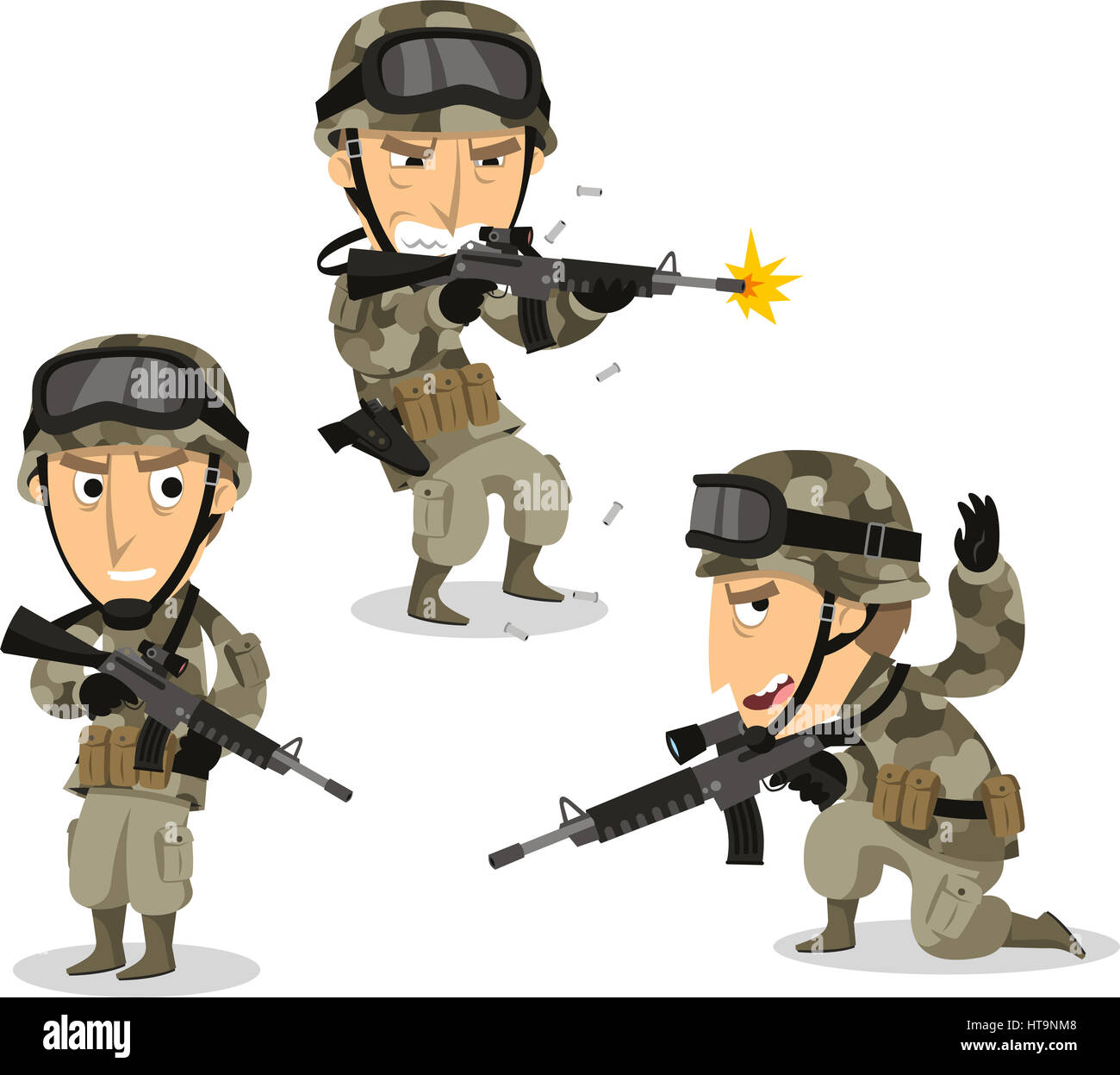 Soldat avec machine gun casque uniforme guerre debout, vector illustration cartoon. Banque D'Images