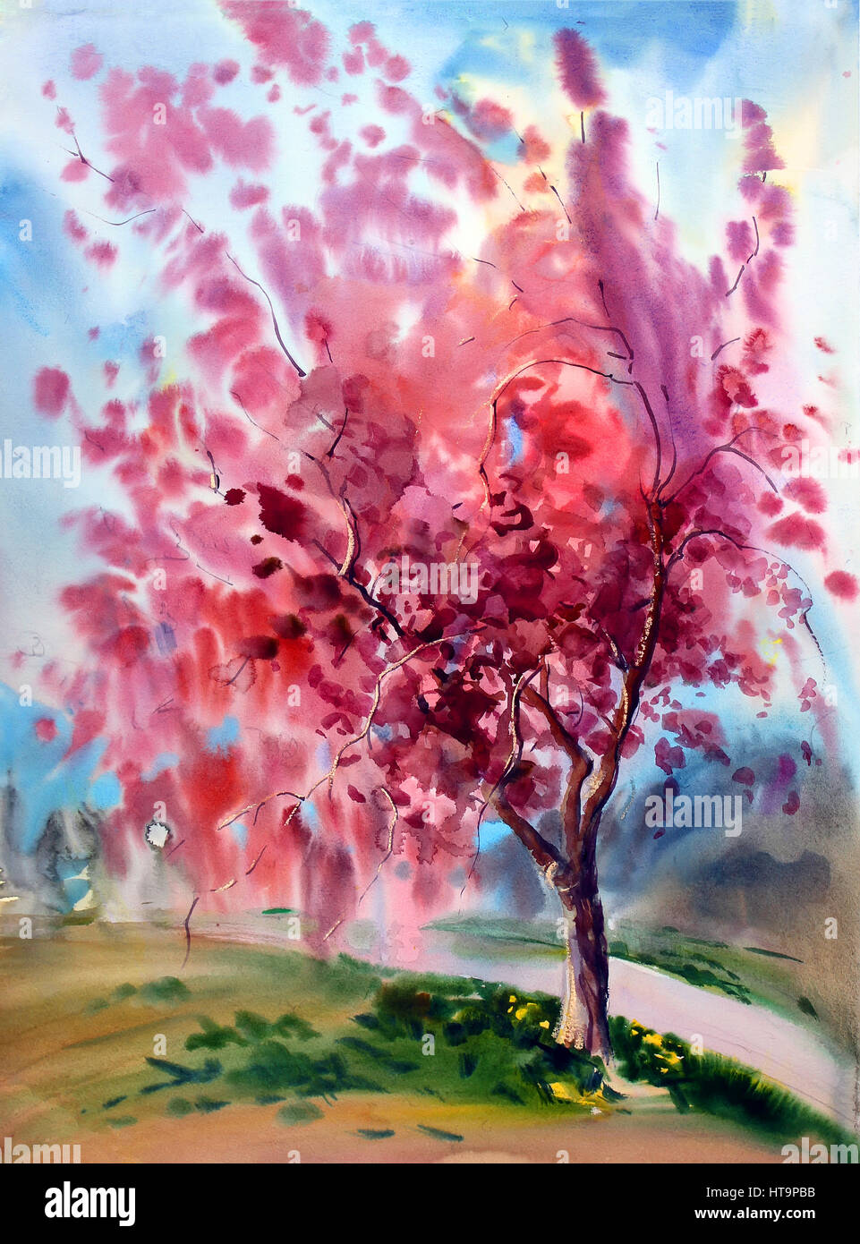 Peinture Aquarelle paysage avec fleurs de printemps arbre avec des fleurs  Photo Stock - Alamy