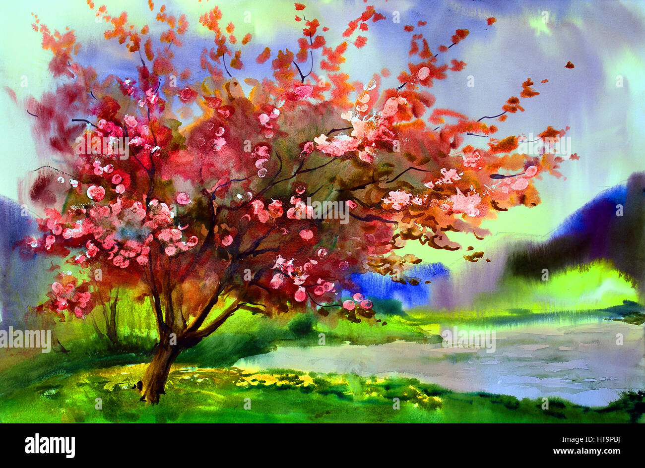 Peinture Aquarelle Paysage Avec Fleurs De Printemps Arbre