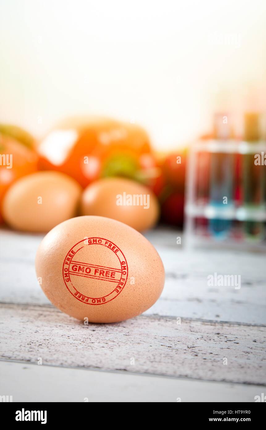 Les oeufs sains avec GMO-free stamp. Le poivre et le radis en arrière-plan. Banque D'Images