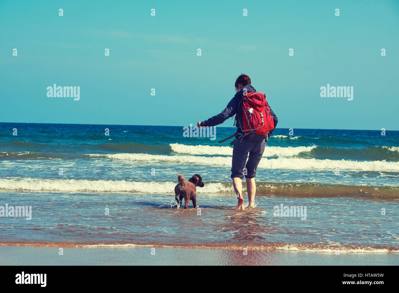 Un randonneur et leur chien jouant le long d'une plage de sable. Embleton Bay, en Angleterre. Style de couleur et de grain appliqué. Banque D'Images