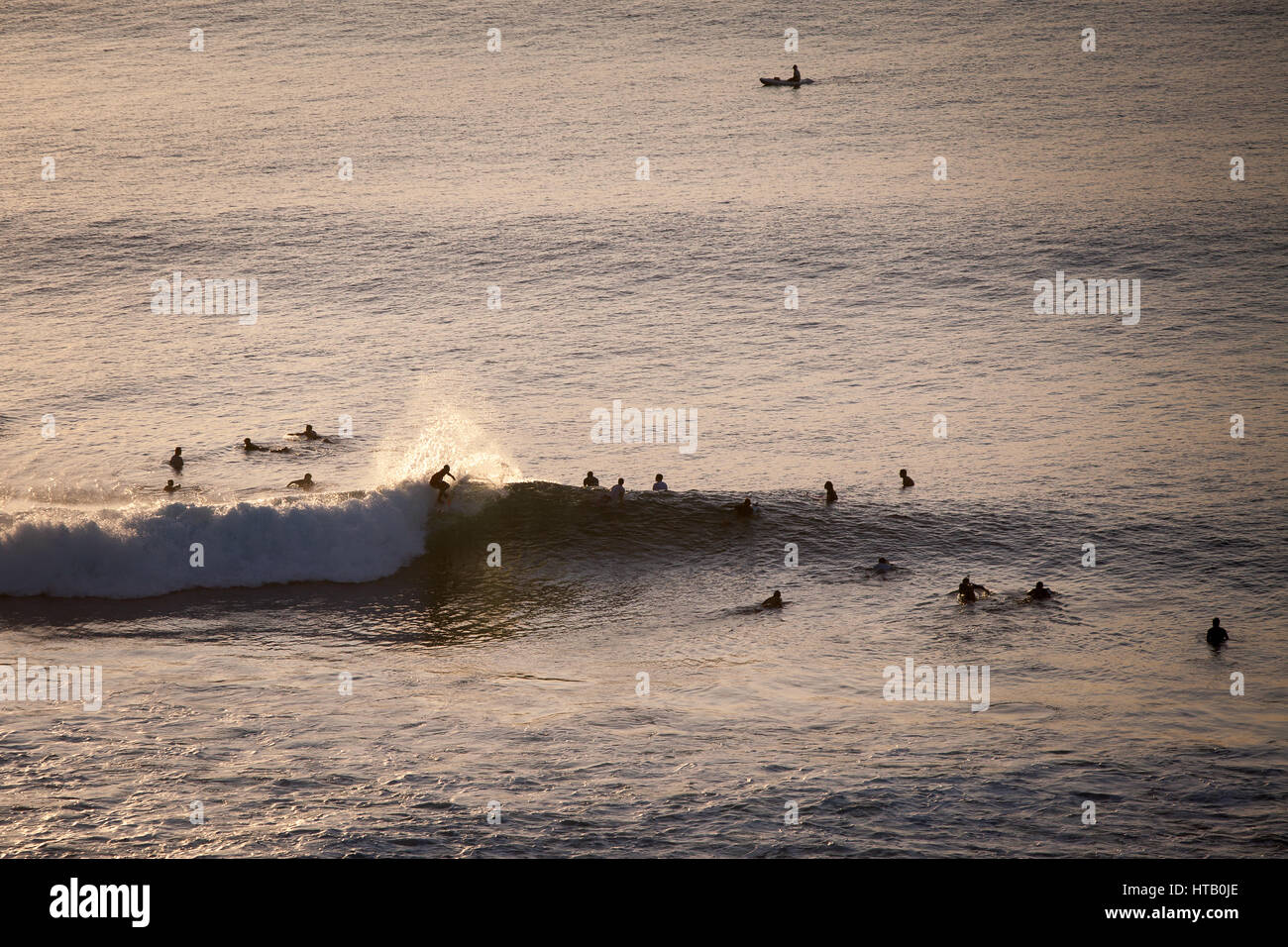 Les surfeurs prendre le soir des vagues dans l'océan, la vue du sommet. Bali Indonésie Banque D'Images