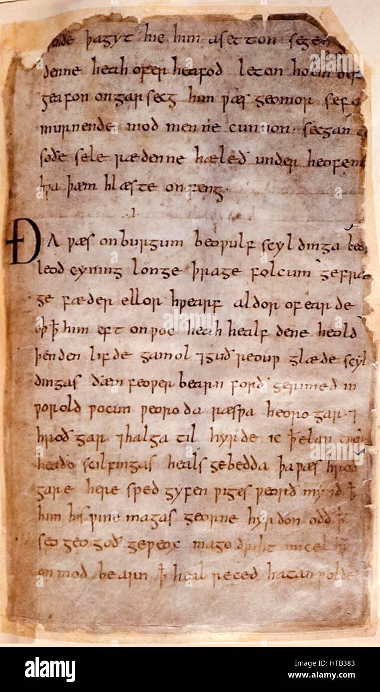 'Beowulf' une page du manuscrit médiéval seul survivant de l'épique poème anglo-saxon maintenant tenue à la British Library à Londres et pense à ce jour du début du 11e siècle. Les pages présente des signes de dommages causés par l'incendie datant de 1731 lorsque la chambre dans lequel il se trouve a pris feu. Banque D'Images 'Beowulf' une page du manuscrit médiéval seul survivant de l'épique poème anglo-saxon maintenant tenue à la British Library à Londres et pense à ce jour du début du 11e siècle. Les pages présente des signes de dommages causés par l'incendie datant de 1731 lorsque la chambre dans lequel il se trouve a pris feu. Banque D'Images