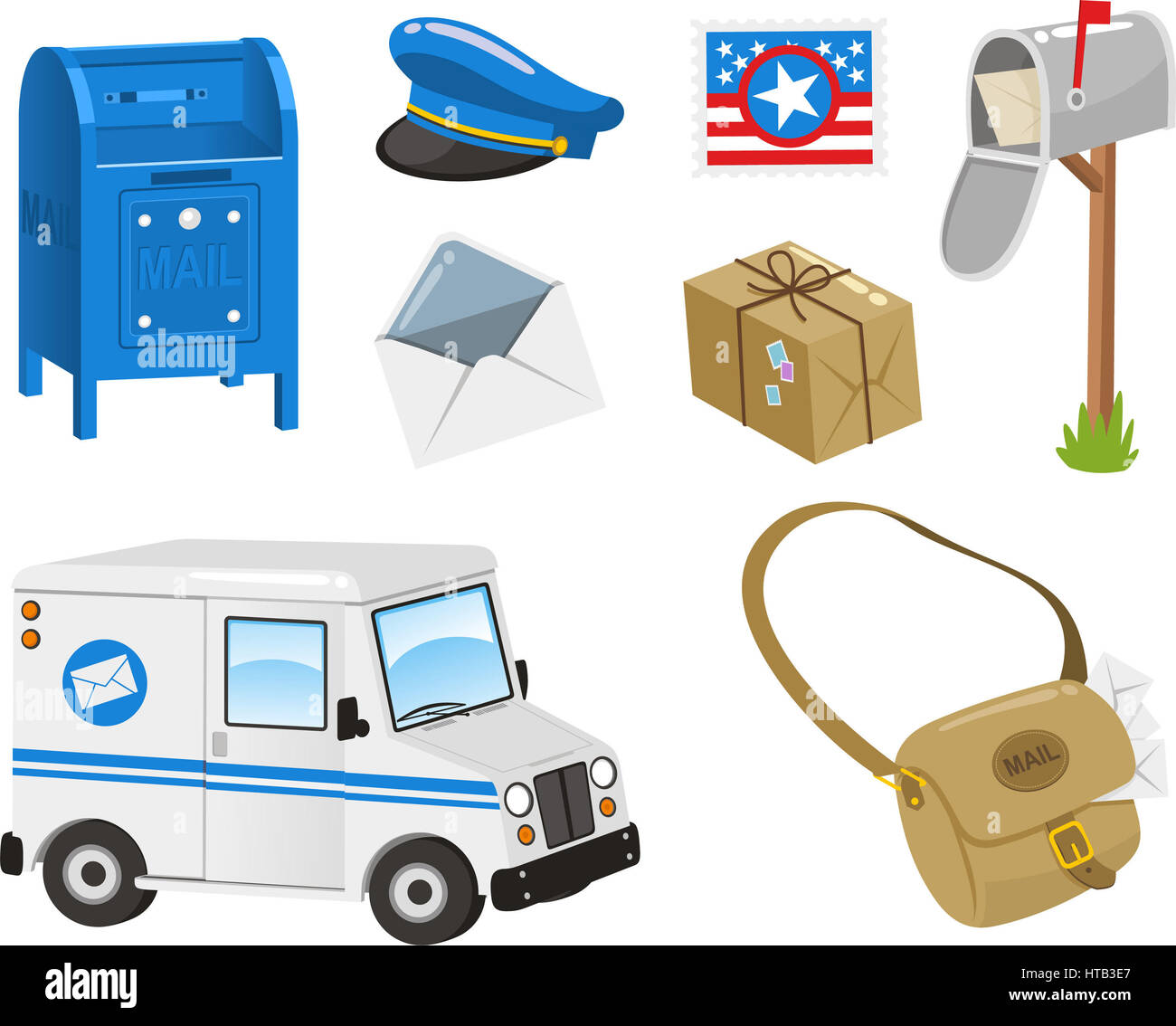 Jeu de Mail, Post Box, timbre poste, enveloppe, emballage, sac, Van. Vector  illustration cartoon Photo Stock - Alamy