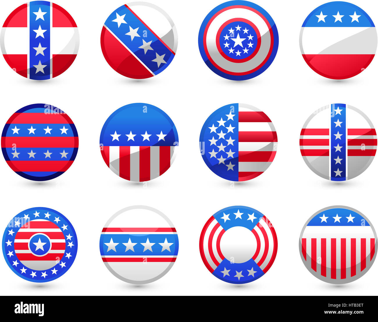 12 Boutons USA dans différents motifs américains vector illustration, en rouge et bleu, avec des étoiles blanches et drapeau américain. Banque D'Images