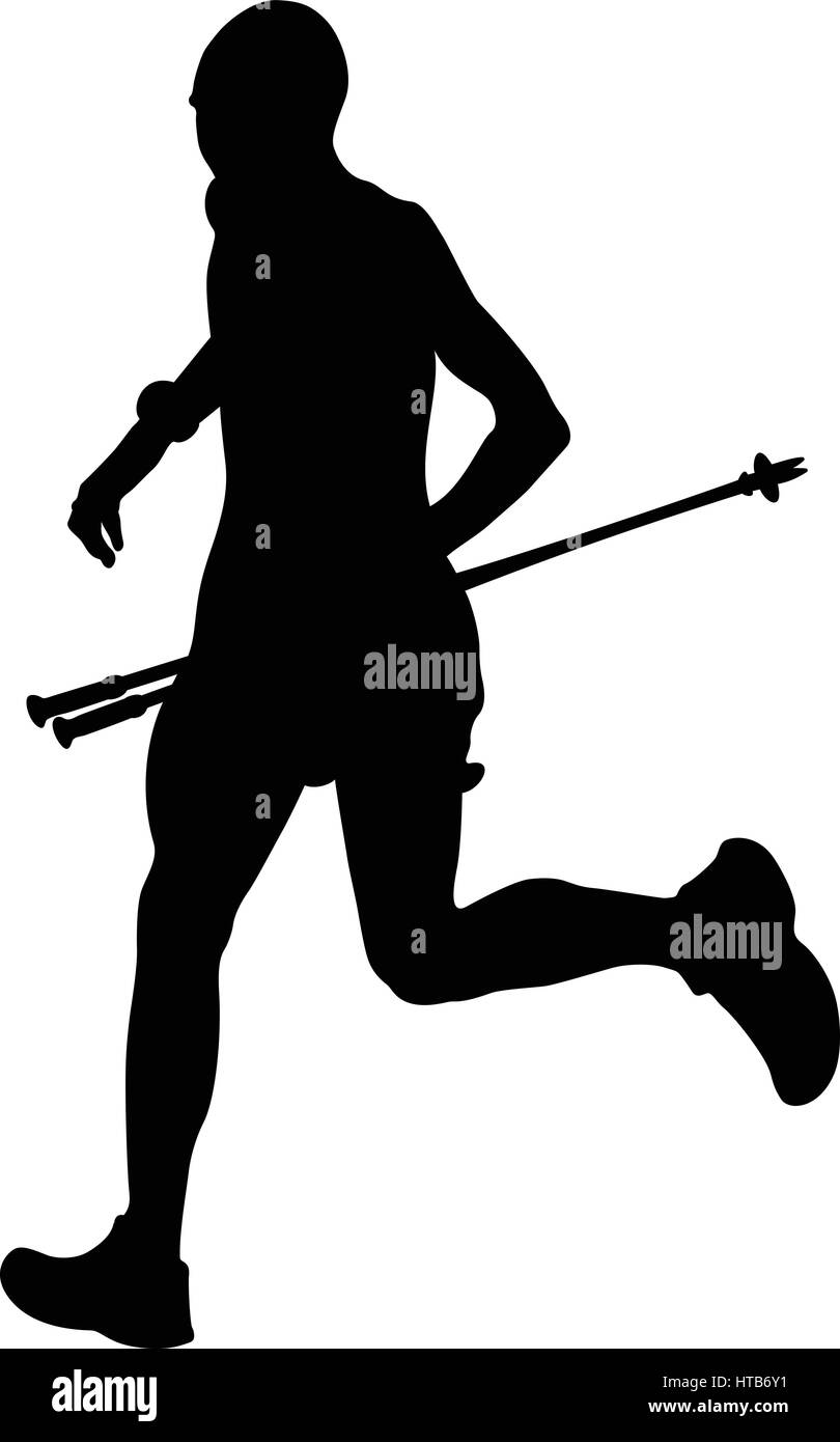 Man running marathon de montagne skyrunning de pair pôle trekking silhouette noire Illustration de Vecteur