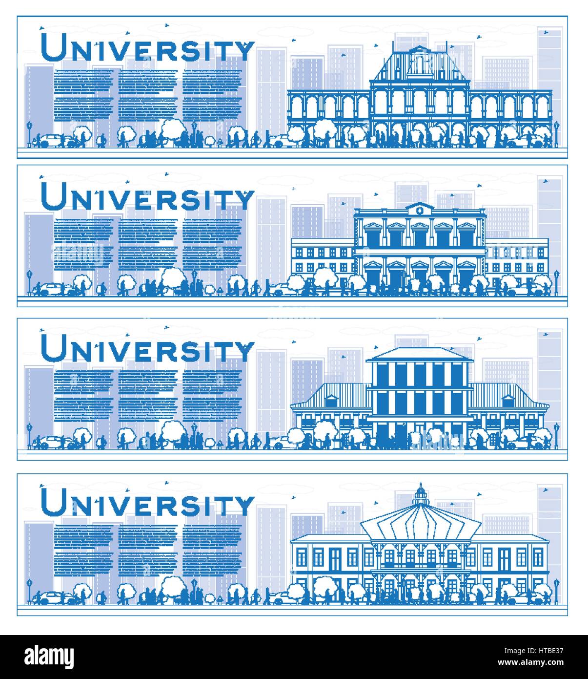 L'étude de l'université de définir les grandes lignes des bannières. vector illustration. étudiants rendez le bâtiment principal de l'université. bannière avec copie espace. Illustration de Vecteur