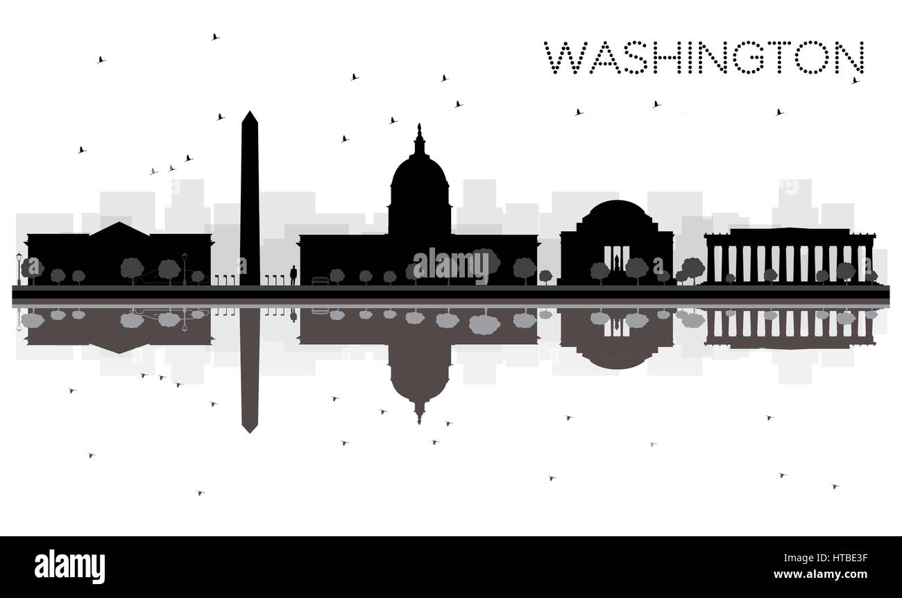 Washington DC city skyline silhouette noir et blanc avec reflets. vector illustration. Illustration de Vecteur
