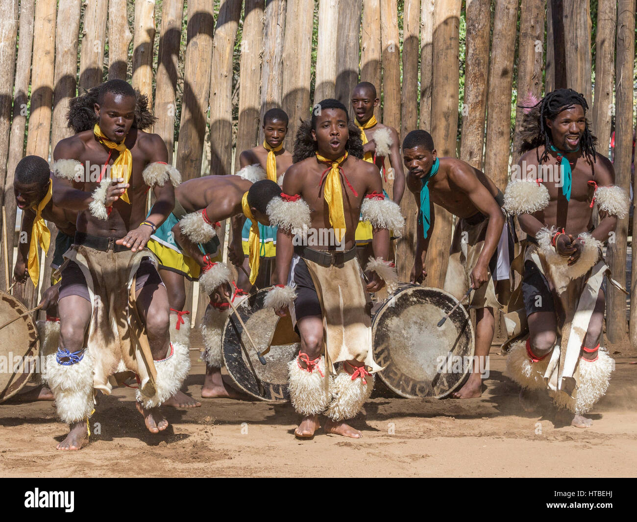 Les hommes en costume traditionnel lors d'un spectacle de danse, Swazi cultural village, Lobamba, Manzini, Swaziland Banque D'Images